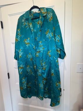 Vintage Teal Floral Satin Robe/Duster/Jacket